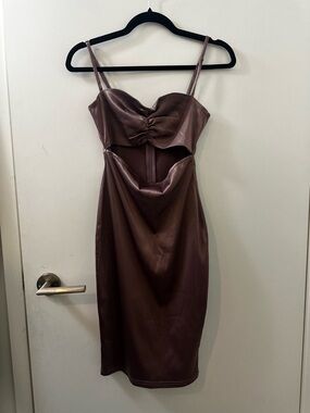 Fashion Nova Brown Satin Ruched Cutout Midi Dress